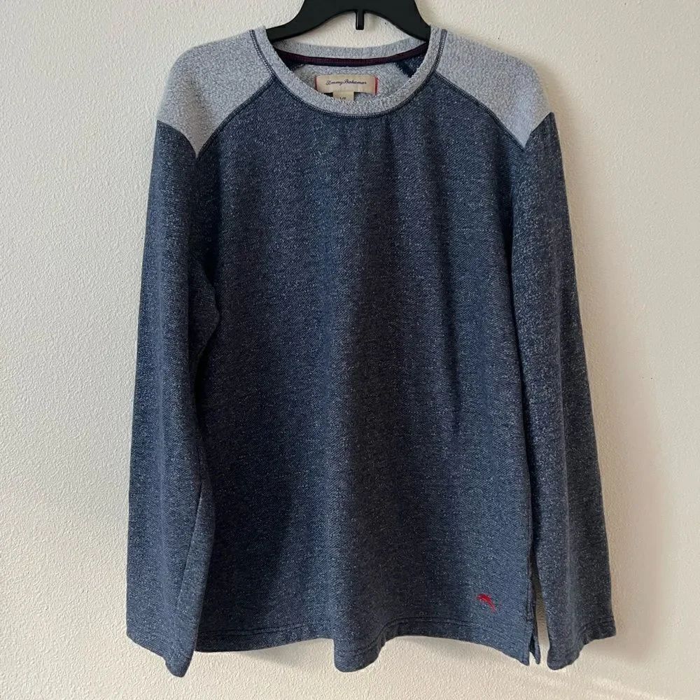 Tommy Bahama Sweater Men's Large Blue & Gray Heather Fleece Cotton Poly Blend L